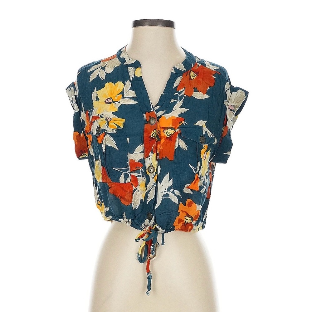 Patrons of Peace Teal Tie-Front Crop Top with Orange & Yellow Floral Print XS